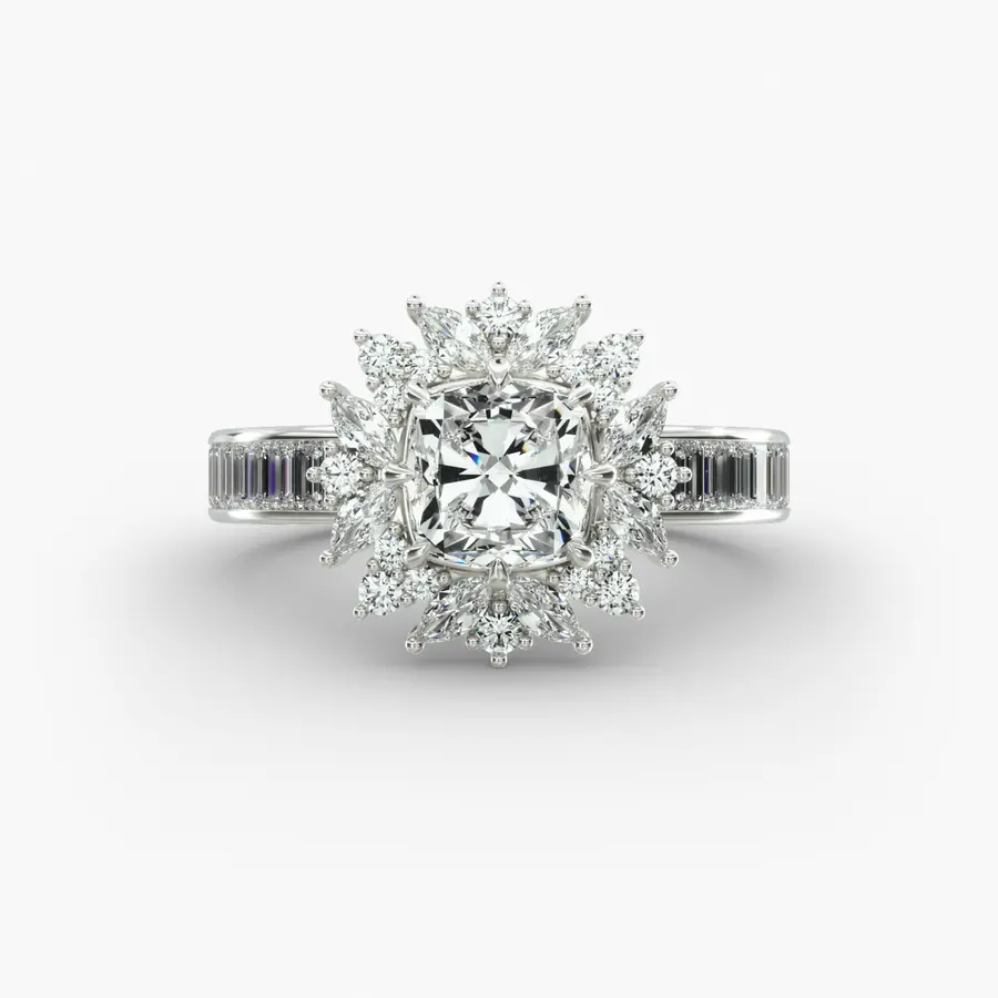 Baguette Channel Engagement Ring with a cushion diamond