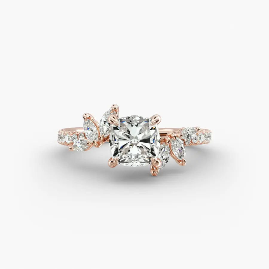 Floral Bypass Engagement Ring with a cushion diamond