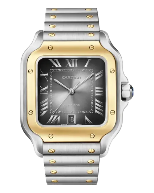 Cartier Santos de Cartier Large W2SA0030 Stainless steel case with 18k yellow gold (750/1000) bezel; steel bracelet; second strap in grey alligator leather with interchangeable folding steel buckle (QuickSwitch)