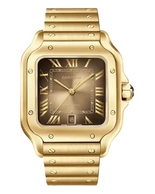 Cartier Santos de Cartier Large WGSA0095 18k yellow gold (750/1000) case and bracelet; second strap in brown alligator leather with interchangeable folding gold buckle (QuickSwitch)