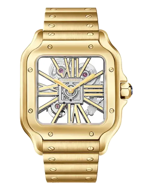 Cartier Santos de Cartier Large WHSA0042 18k yellow gold (750/1000) case and bracelet; second strap in grey alligator leather with interchangeable folding buckle (QuickSwitch); sapphire crystal case back