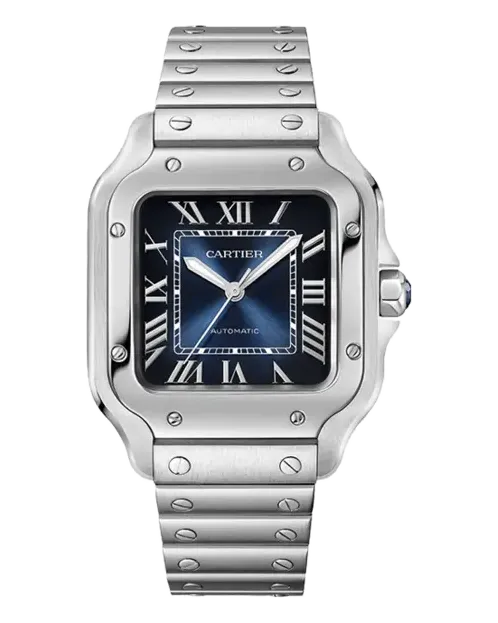 Cartier Santos de Cartier Medium WSSA0063 Stainless steel case and bracelet; second strap in blue alligator leather with interchangeable folding steel buckle (QuickSwitch)