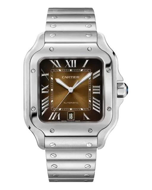 Cartier Santos de Cartier Medium WSSA0065 Stainless steel case and bracelet; second strap in brown alligator leather with interchangeable folding steel buckle (QuickSwitch)