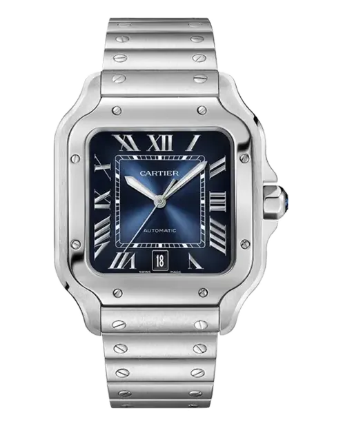 Cartier Santos de Cartier Large WSSA0071 Stainless steel case and bracelet; second strap in blue alligator leather with interchangeable folding steel buckle (QuickSwitch)