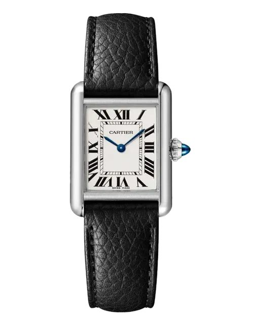 Cartier Tank Must Small WSTA0042 Stainless steel case; interchangeable black grained calfskin strap with steel ardillon buckle