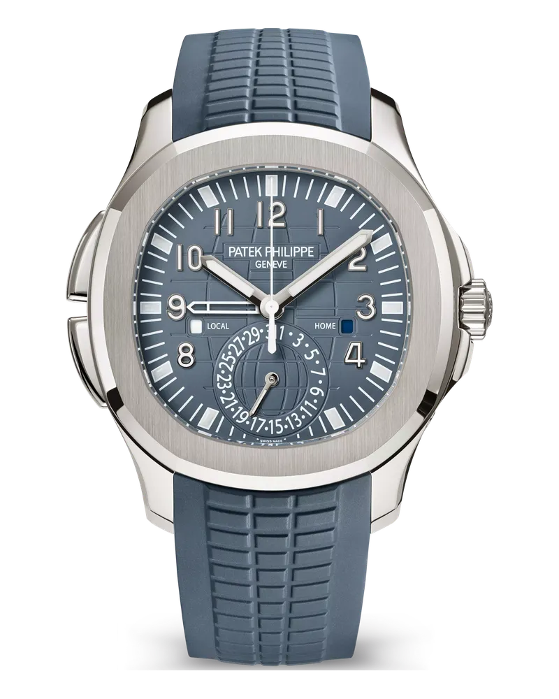 Patek Philippe Aquanaut 5164 Travel Time 5164G-001 18k white gold case on a blue-grey composite strap with white gold fold-over clasp
