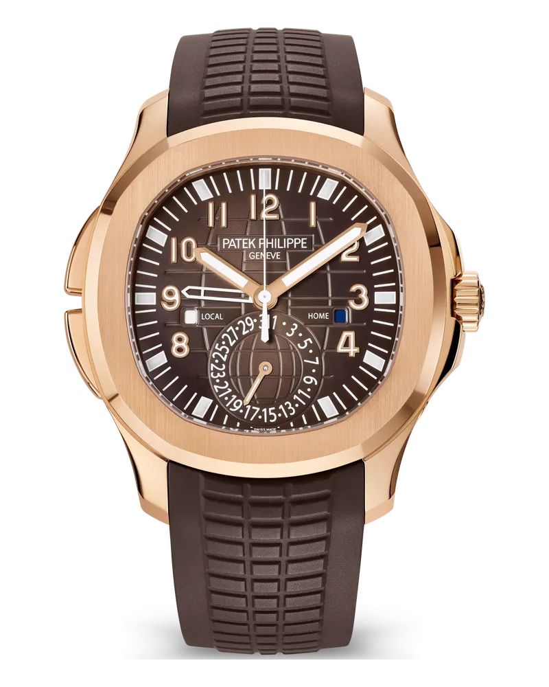 Patek Philippe Aquanaut 5164 Travel Time 5164R-001 18k rose gold case on a dark brown composite strap with rose gold fold-over clasp