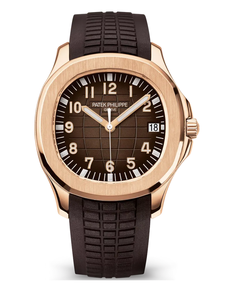 Patek Philippe Aquanaut 5167 5167R-001 18k rose gold case on a dark brown composite strap with rose gold fold-over clasp