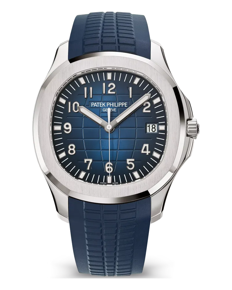 Patek Philippe Aquanaut 5168 5168G-001 18k white gold case on a midnight blue composite strap with white gold fold-over clasp