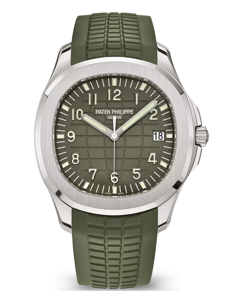 Patek Philippe Aquanaut 5168 5168G-010 18k white gold case on a matching khaki green composite (Tropical rubber) strap with white gold fold-over clasp