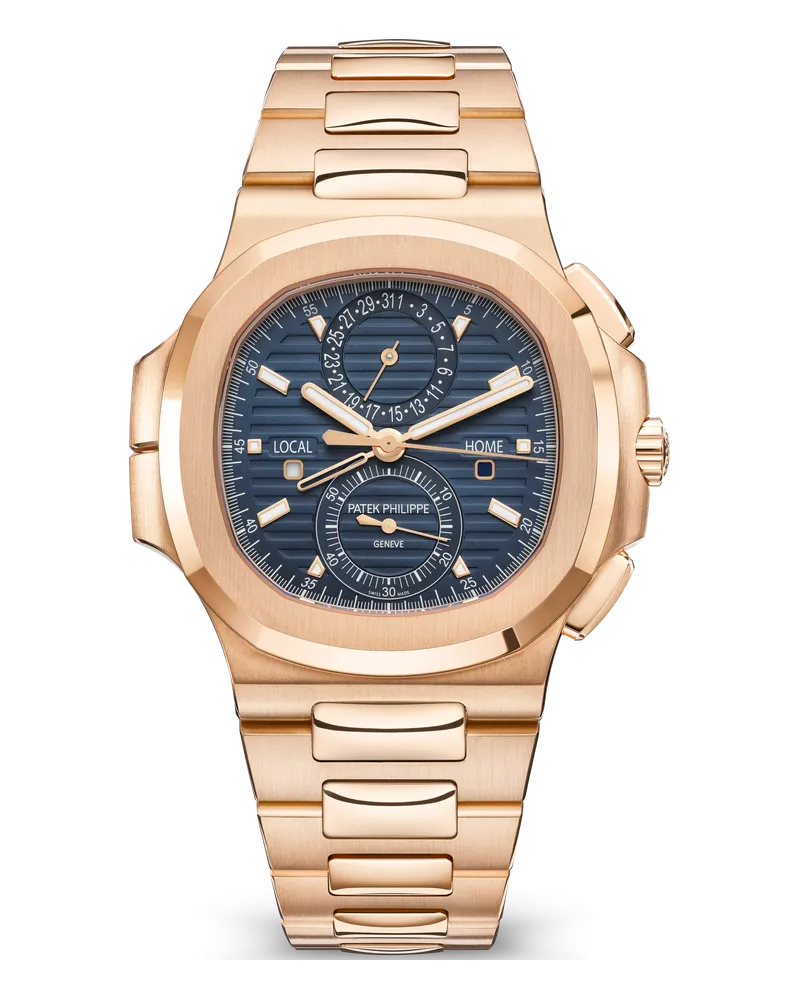 Patek Philippe Nautilus 5990 Travel Time Chronograph 5990/1R-001 18k rose gold case and integrated bracelet with patented fold-over clasp