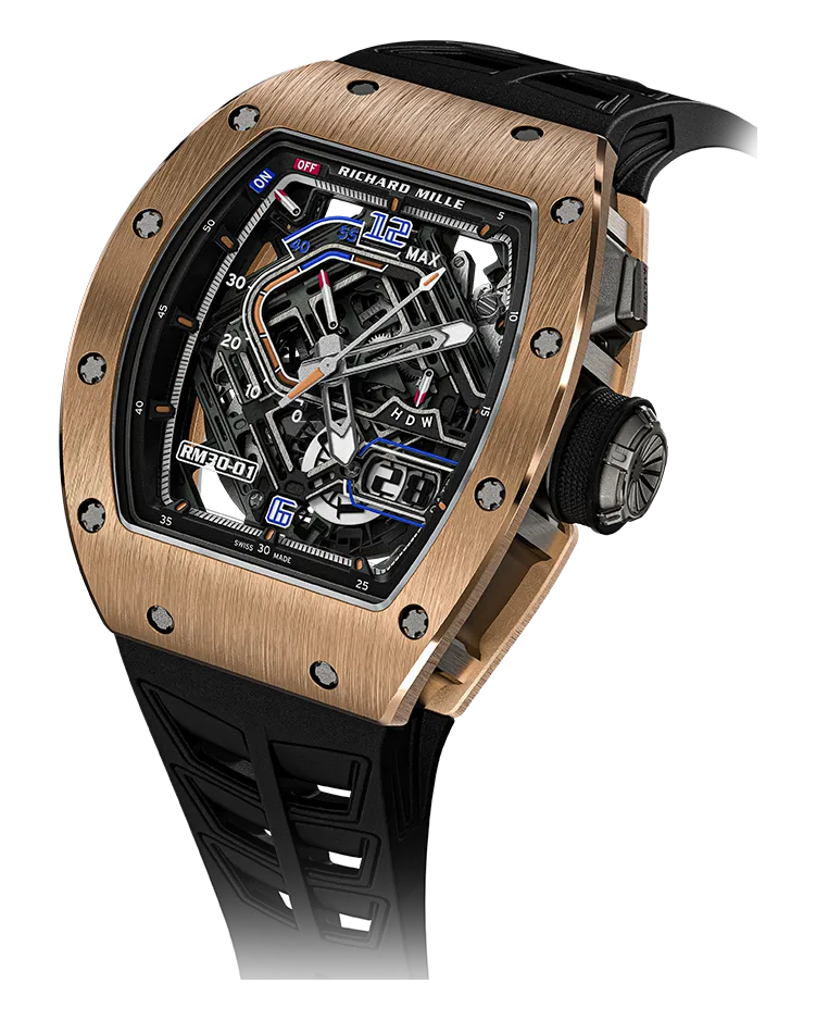 Richard Mille RM 030 RM 30-01 Available in grade 5 titanium, or 18k 5N red gold bezel and caseback with a grade 5 titanium caseband