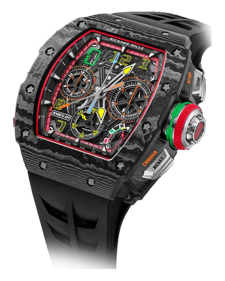 Richard Mille RM 065 RM 65-01 Available in grade 5 titanium, Carbon TPT, 18k red gold with Carbon TPT, and grey, dark yellow or pastel blue Quartz TPT case constructions