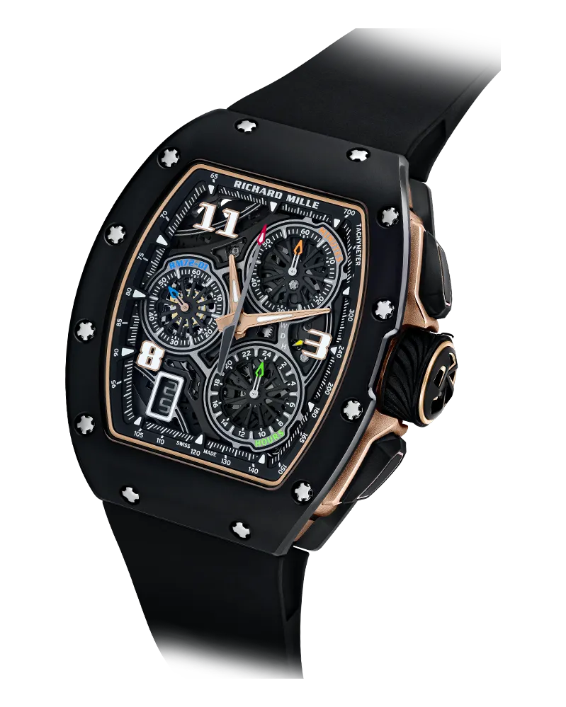 Richard Mille RM 072 RM 72-01 Available in grade 5 titanium, 18k 5N red gold, and white ATZ or black TZP ceramic with a red gold caseband