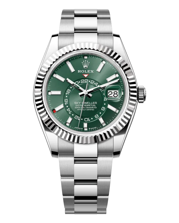 Rolex Sky-Dweller 336934 Oystersteel case with 18k white gold fluted bezel; Oystersteel Oyster or Jubilee bracelet
