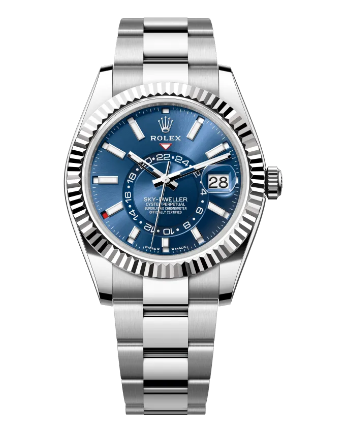 Rolex Sky-Dweller 336934 Oystersteel case with 18k white gold fluted bezel; Oystersteel Oyster or Jubilee bracelet