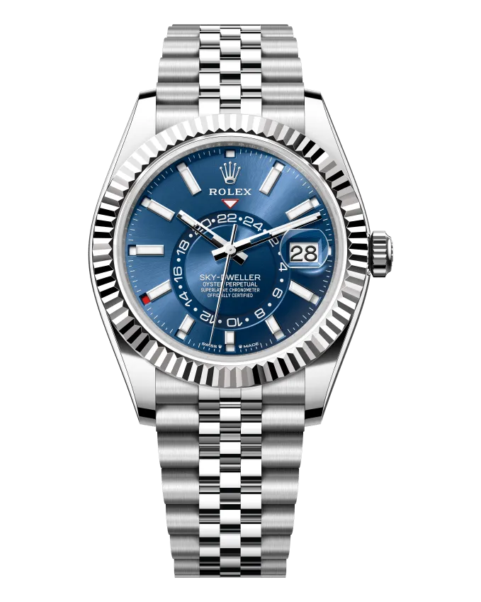Rolex Sky-Dweller 336934 Oystersteel case with 18k white gold fluted bezel; Oystersteel Oyster or Jubilee bracelet